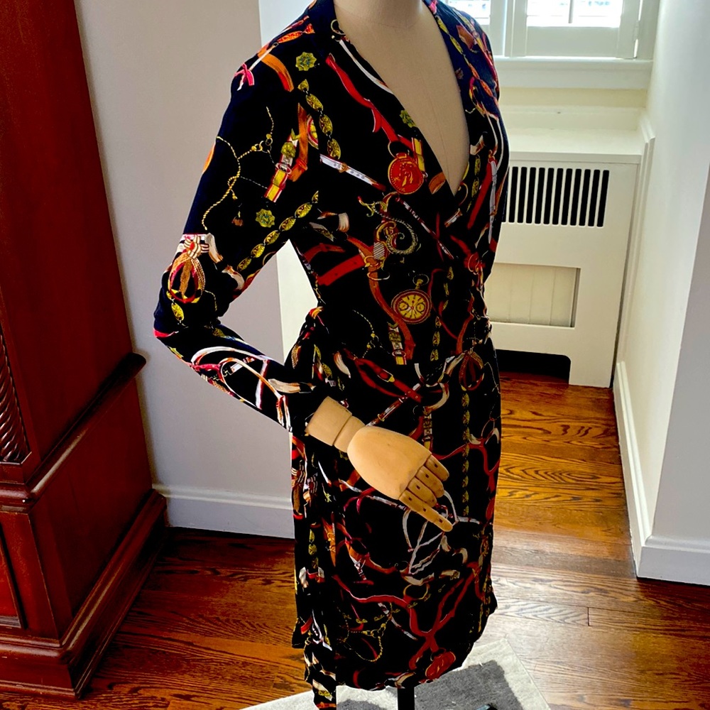 NWOT- Black/ multi color equestrian print wrap dress, like Versace/ Hermes (S)